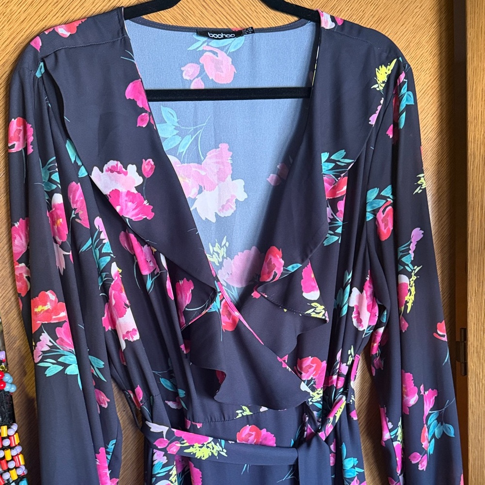 Boohoo Black Floral Wrap Dress